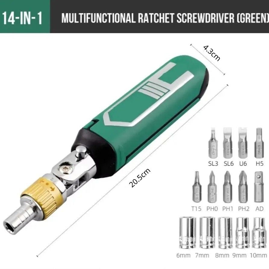 Adjustable 14-In-1 Ratchet Screwdriver, 180° Rotating Head, Built-In Bit Storage 10122126786861-1