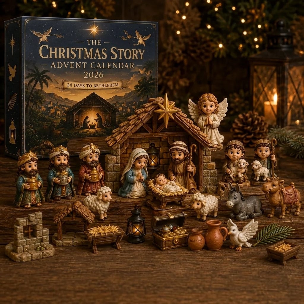 Nativity advent calendar box with the full 24-piece Bethlehem manger scene assembled