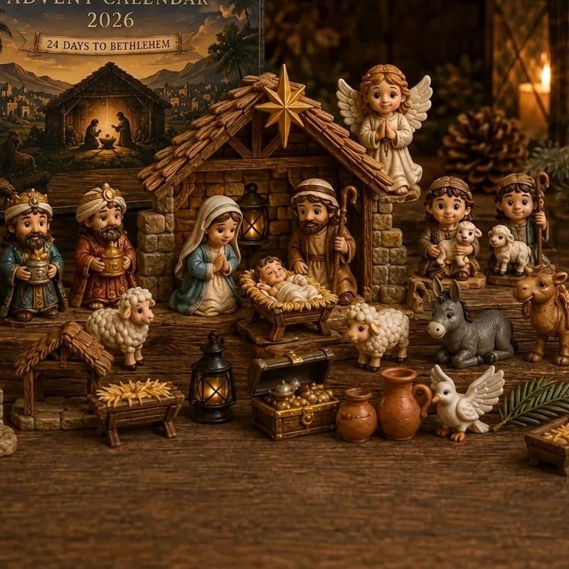 Close-up of the hand-painted resin figures — warm faces, golden details and textured stable