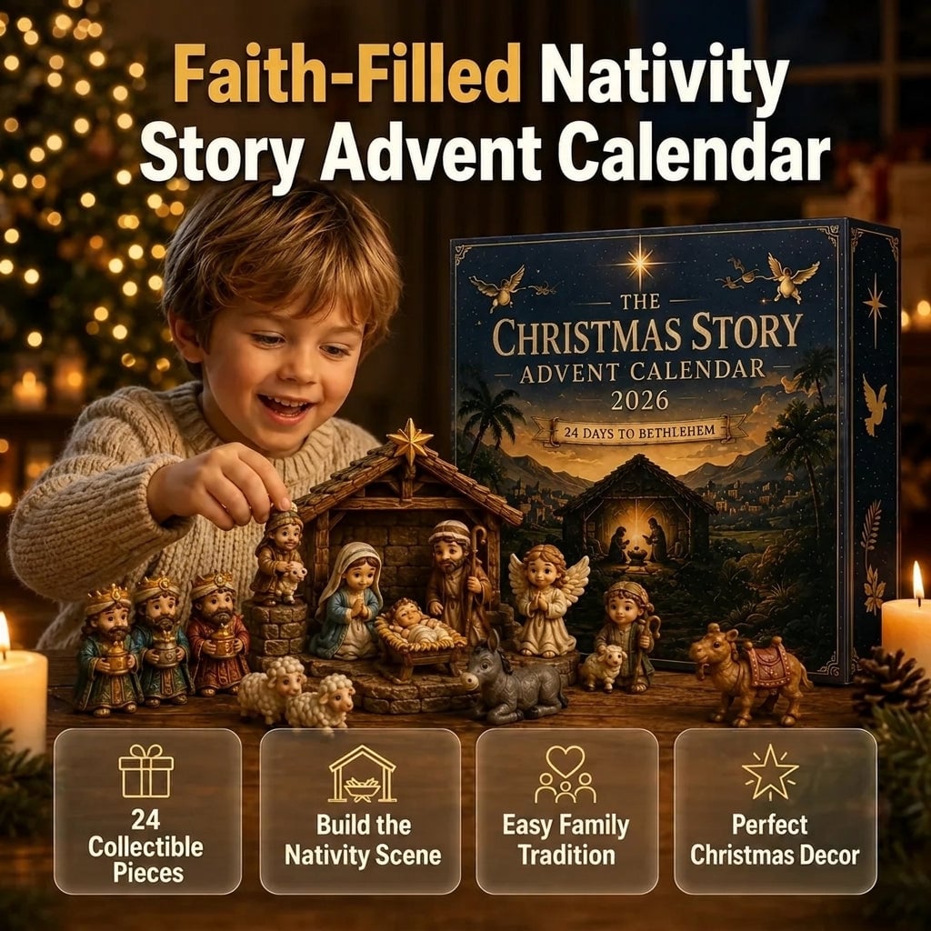 Child placing a hand-painted figure into the nativity scene beside the calendar box