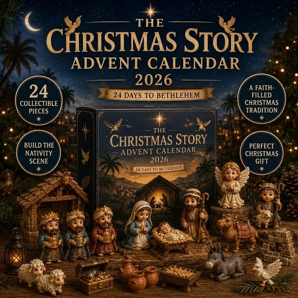 The Christmas Story Advent Calendar box with the assembled nativity set and festive lights