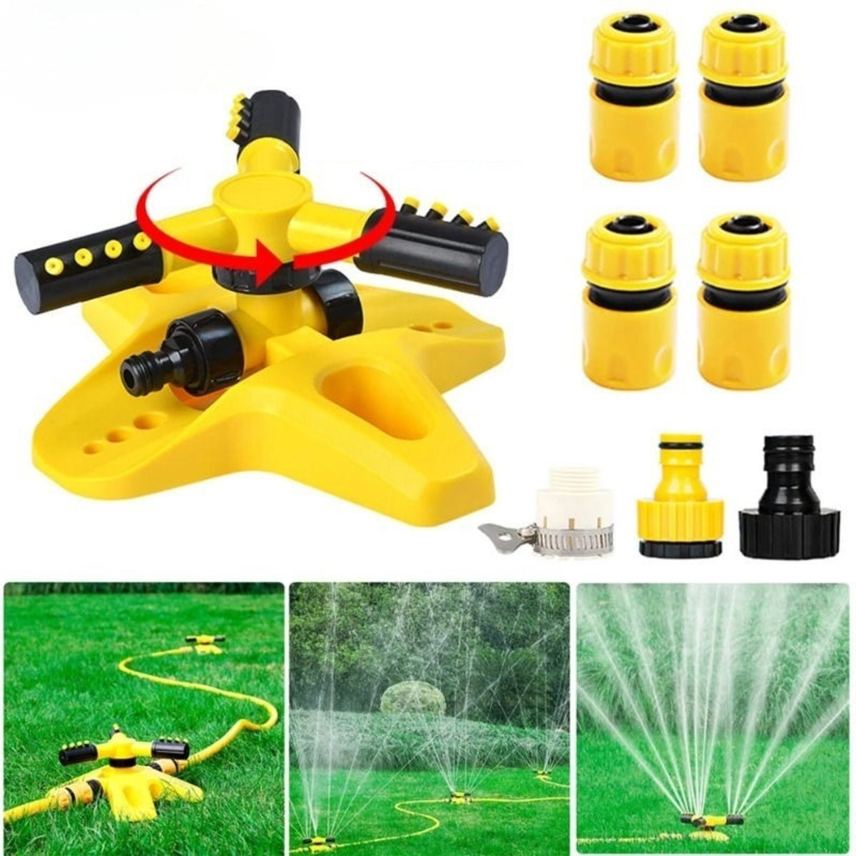 3-Arm Adjustable 360 Rotating Lawn Sprinkler for Gardens -AutoRotating Sprinkler System