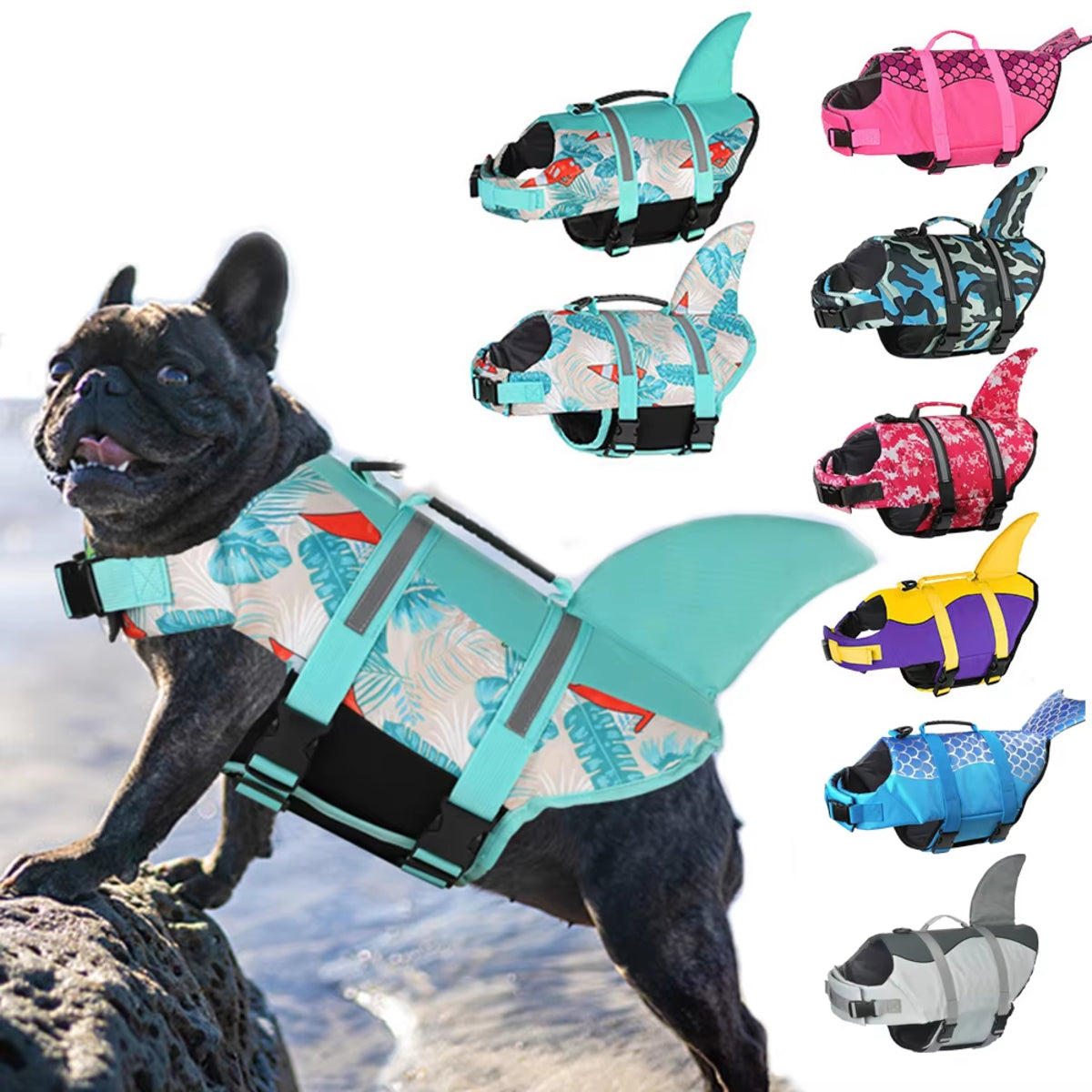 Size XS Beige And Blue Sailboat Pattern Pet Life Jacket for Dogs - Summer Swimming Safety Vest with Shark Fin for Small to Large Breeds V888-ELOSUNG23303
