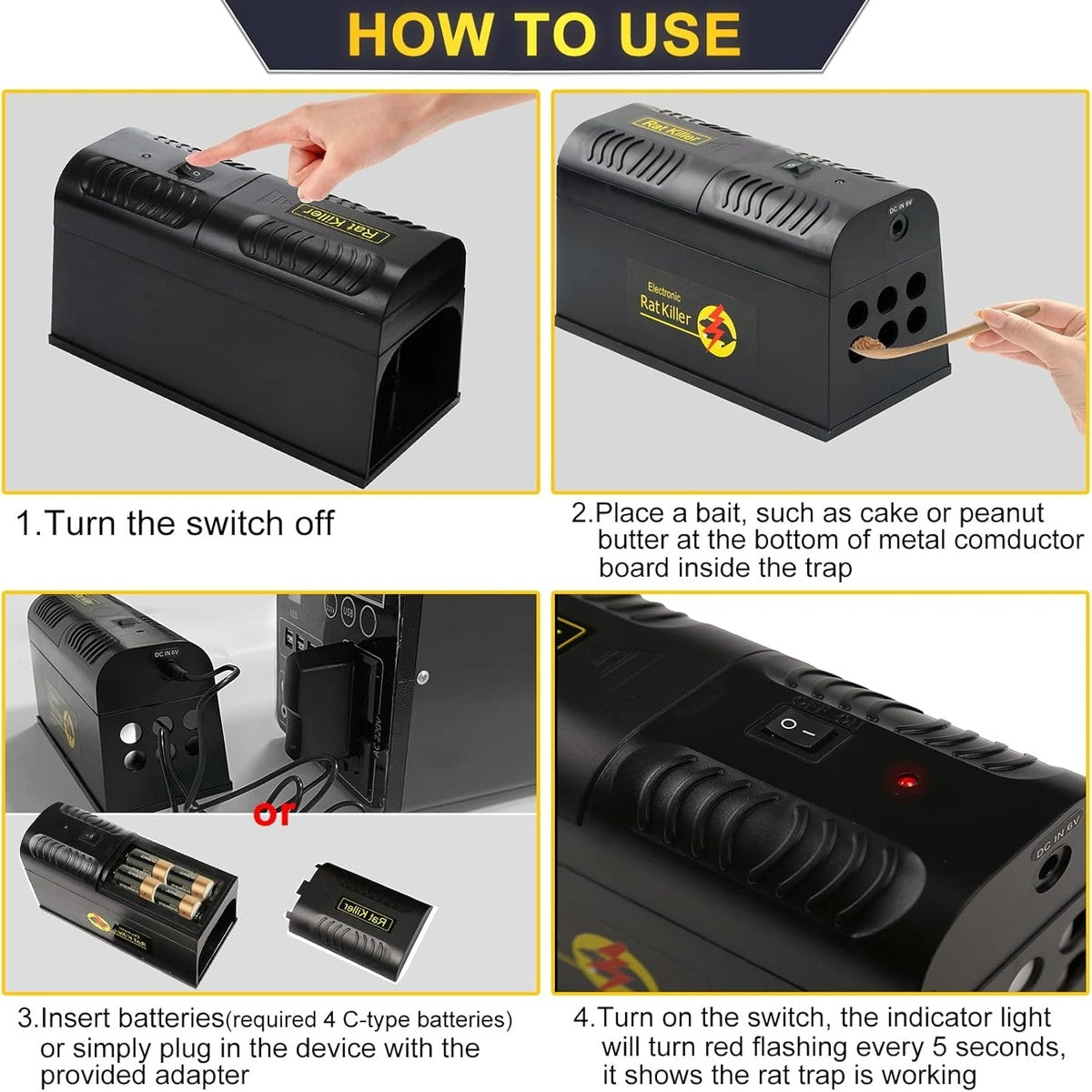Electric Mouse Trap 6000-8000V - Rat Rodent Cage Trap Reusable Mice Killer Orchard Garden Electronic Pest Control Tool