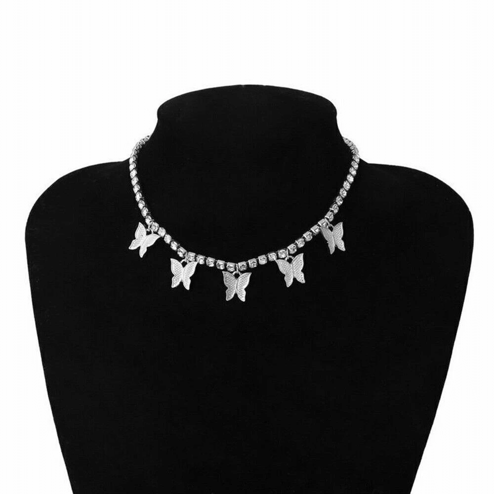 Anyells Fashionable Sparkly Silver Butterfly Choker Necklace