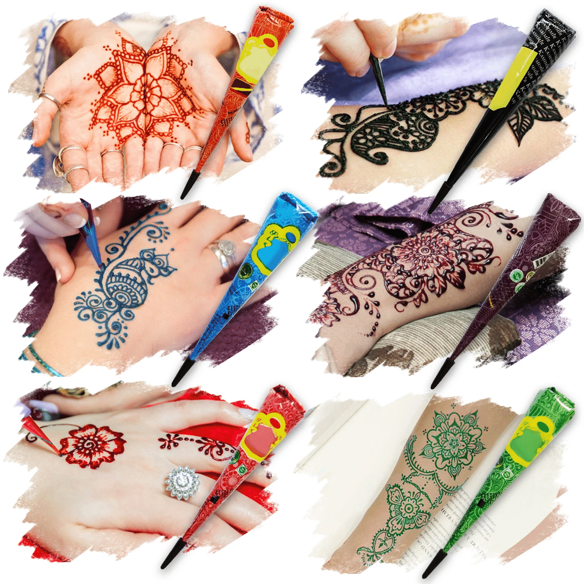 6Pcs 6 Colors Conical Temporary Art Henna Tattoos Painting, Blue/Green/Orange/Red/Purple/Black