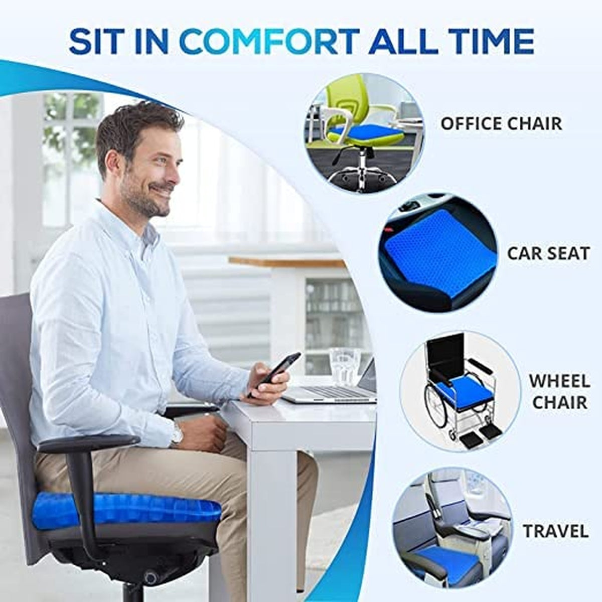 Orthopedic Gel Seat Cushion for Pressure Relief, Tailbone Pain & Lower Back Support - Ideal for Office Chair, Car & Wheelchair Use
