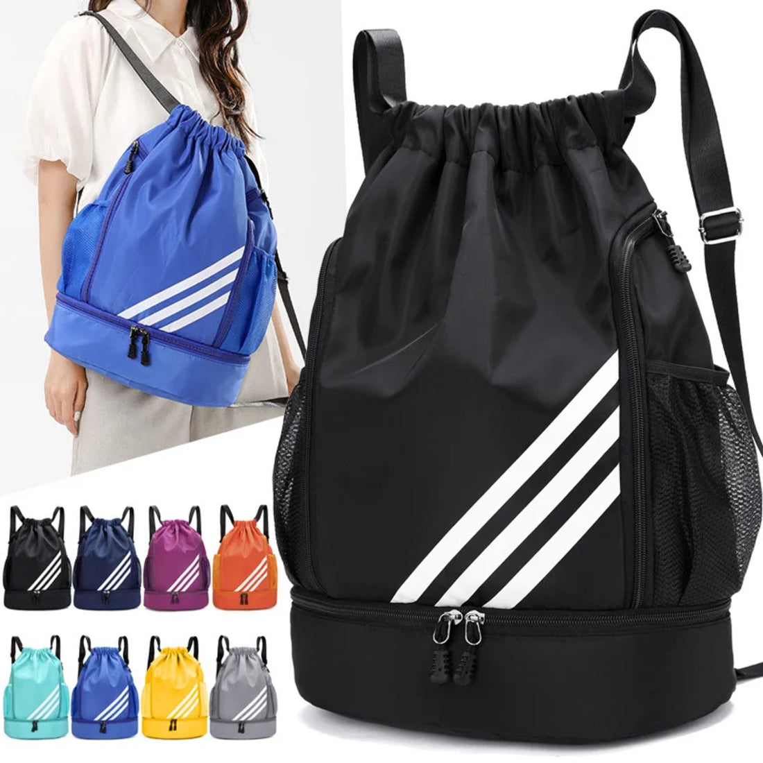 Waterproof Sports Drawstring Backpack Large Capacity Shoe Compartment Black 8512795148590-1