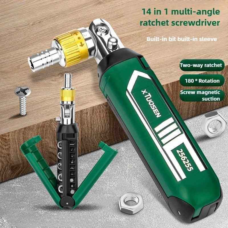 Adjustable 14-In-1 Ratchet Screwdriver, 180° Rotating Head, Built-In Bit Storage 10122126786861-1