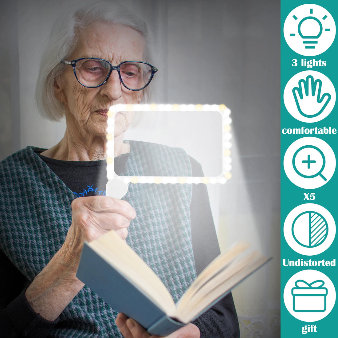 Full-Page Handheld Magnifying Glass – 5X Magnification, LED Lighted Magnifier with 3 Modes 9828296851777-1