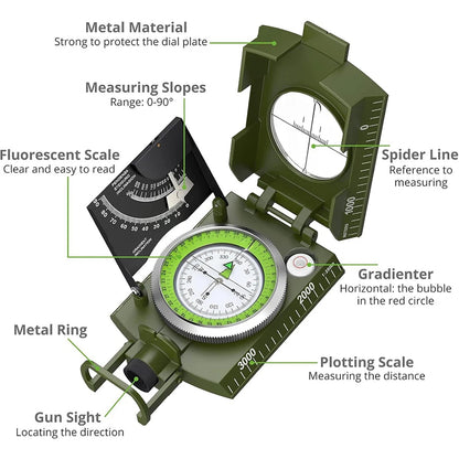 Military Compass | Waterproof Aluminum Alloy | Clinometer & Sighting Lens | Survival, Camping & Hiking 15146751164742-1