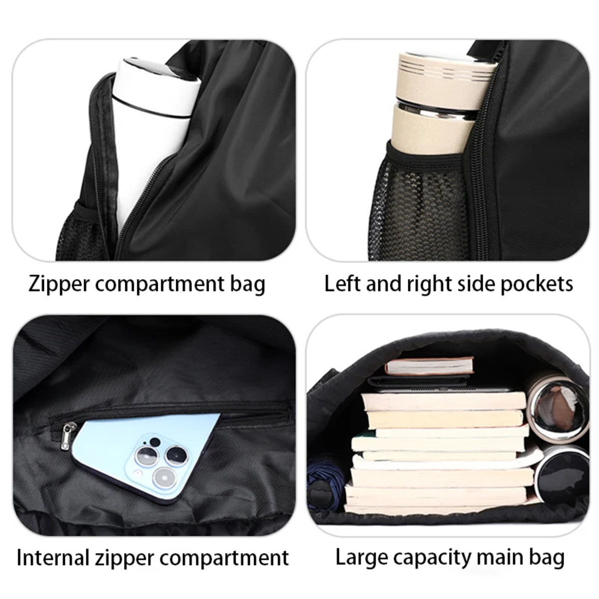 Waterproof Sports Drawstring Backpack Large Capacity Shoe Compartment Black 8512795148590-1