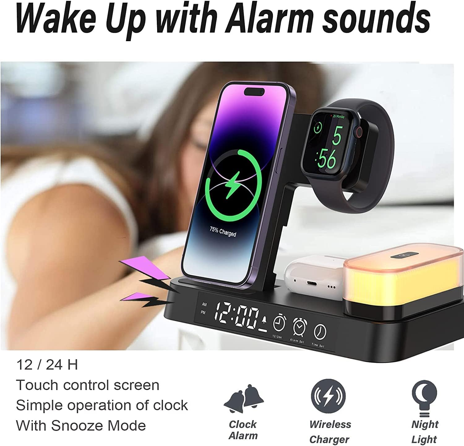 4-In-1 Wireless Charger Stand With Alarm And Night Light