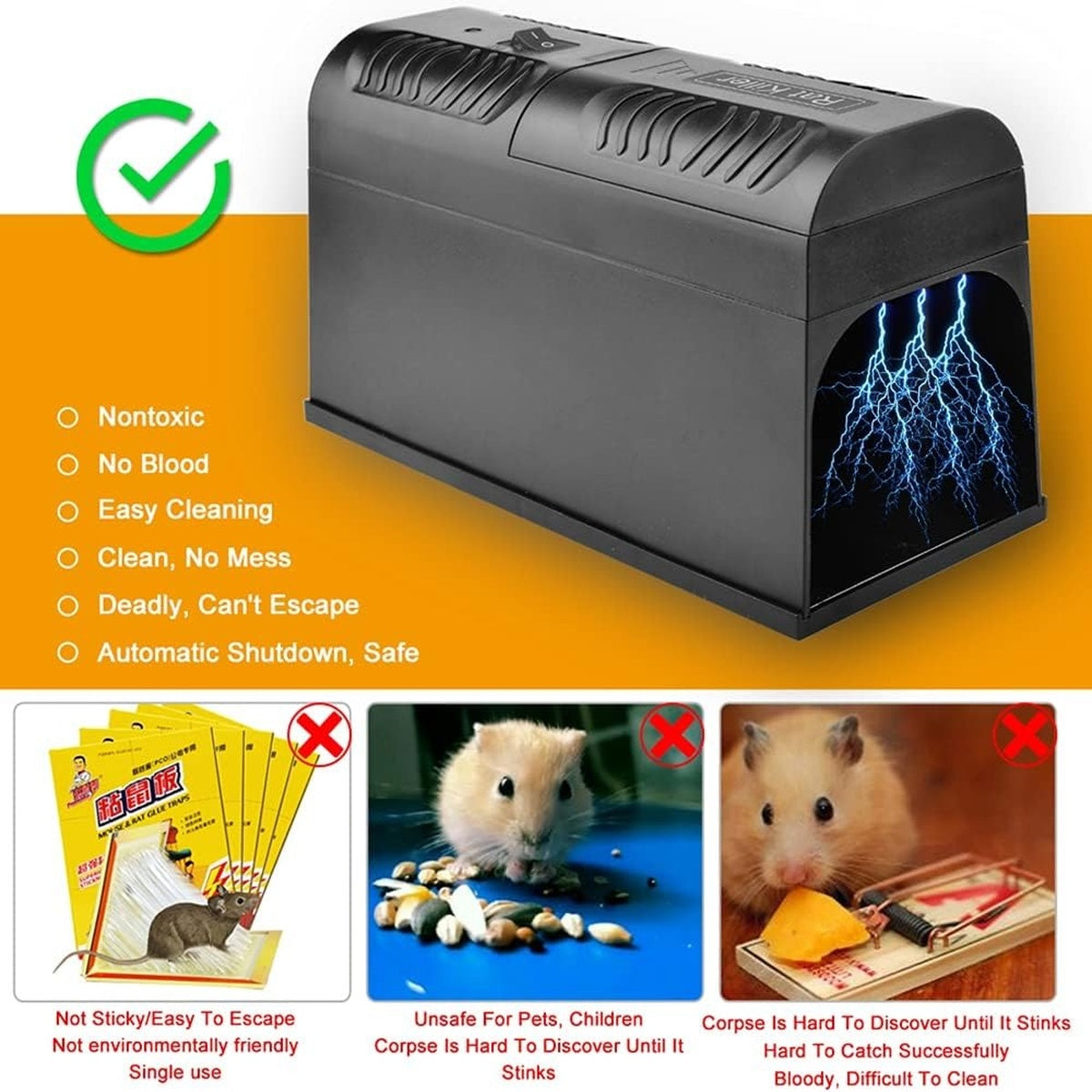 Electric Mouse Trap 6000-8000V - Rat Rodent Cage Trap Reusable Mice Killer Orchard Garden Electronic Pest Control Tool