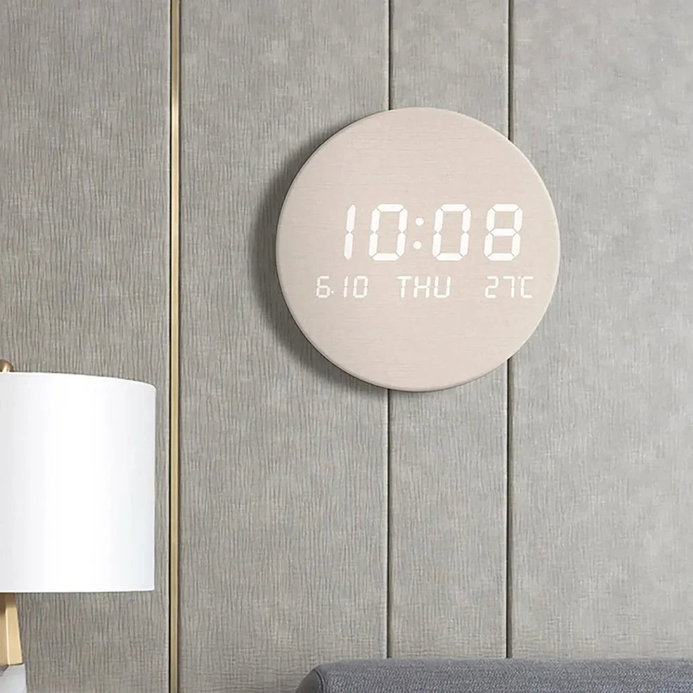 Led Wooden Wall Clock With Temperature Display, Silent Nordic Style 14815612272966-1
