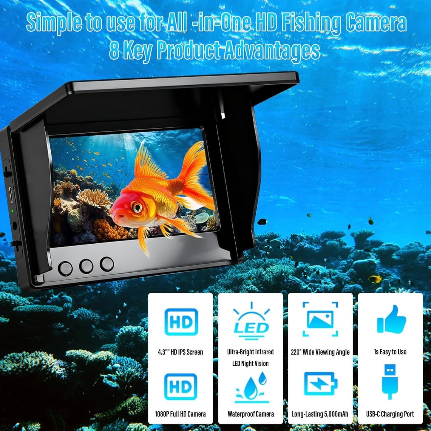 HD Underwater Camera 4.3" Screen 30m Depth Temp Sensor