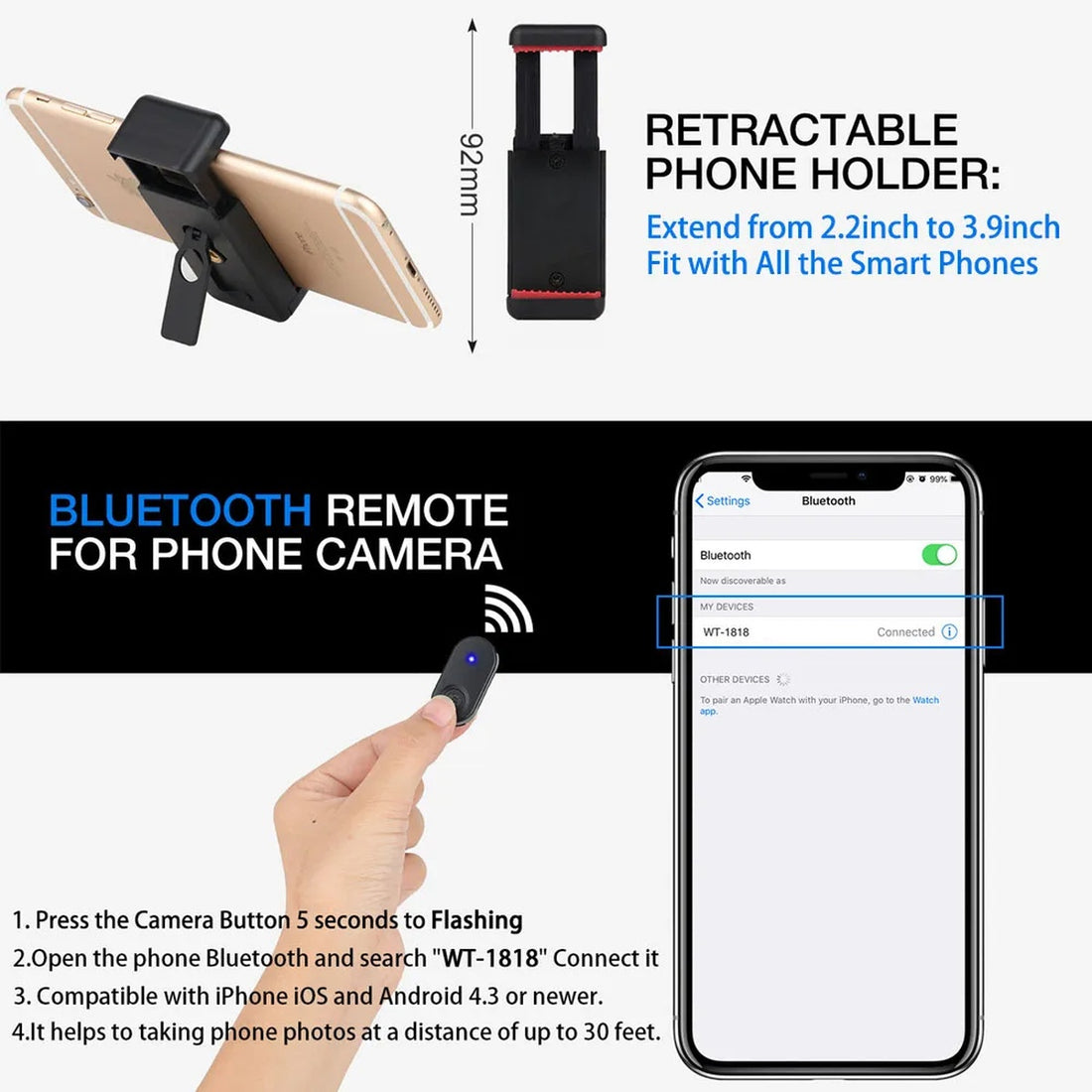 Extendable Phone Tripod with Bluetooth Remote - Versatile Selfie Stick & Stand 9726133436737-1