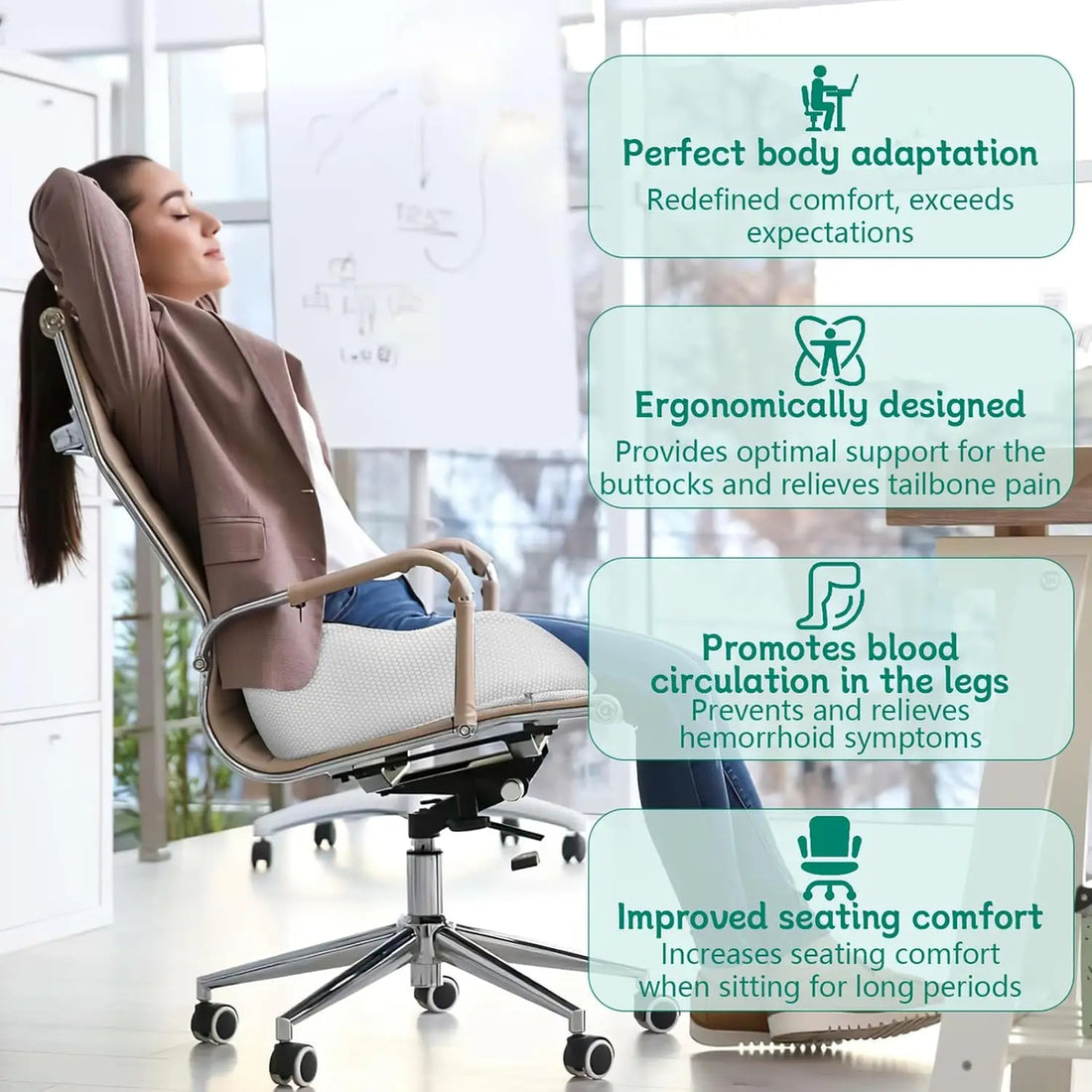 SitSmart Adjustable Memory Foam Seat Cushion - Tailbone Relief & Posture Support for Office, Car, and Dining Chairs 9919564972353-1