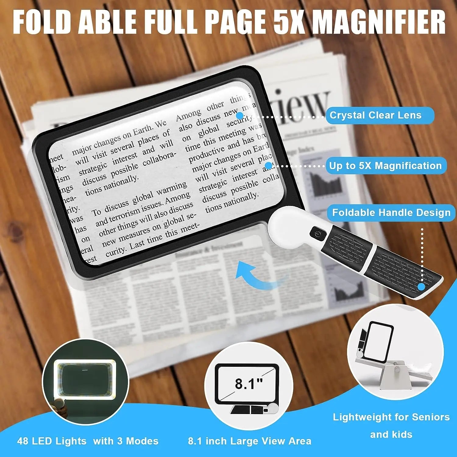 Full-Page Handheld Magnifying Glass – 5X Magnification, LED Lighted Magnifier with 3 Modes 9828296851777-1