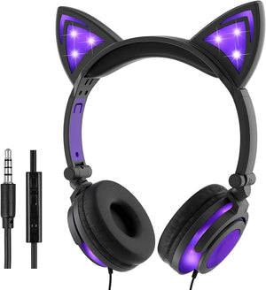 Olyre Kids Headphones With Light Up Cat Ears On Ear Led Kitty Headphones With Mic For Kids Boys Girls Children Wired Headset For School Learning Tablet (Purple)