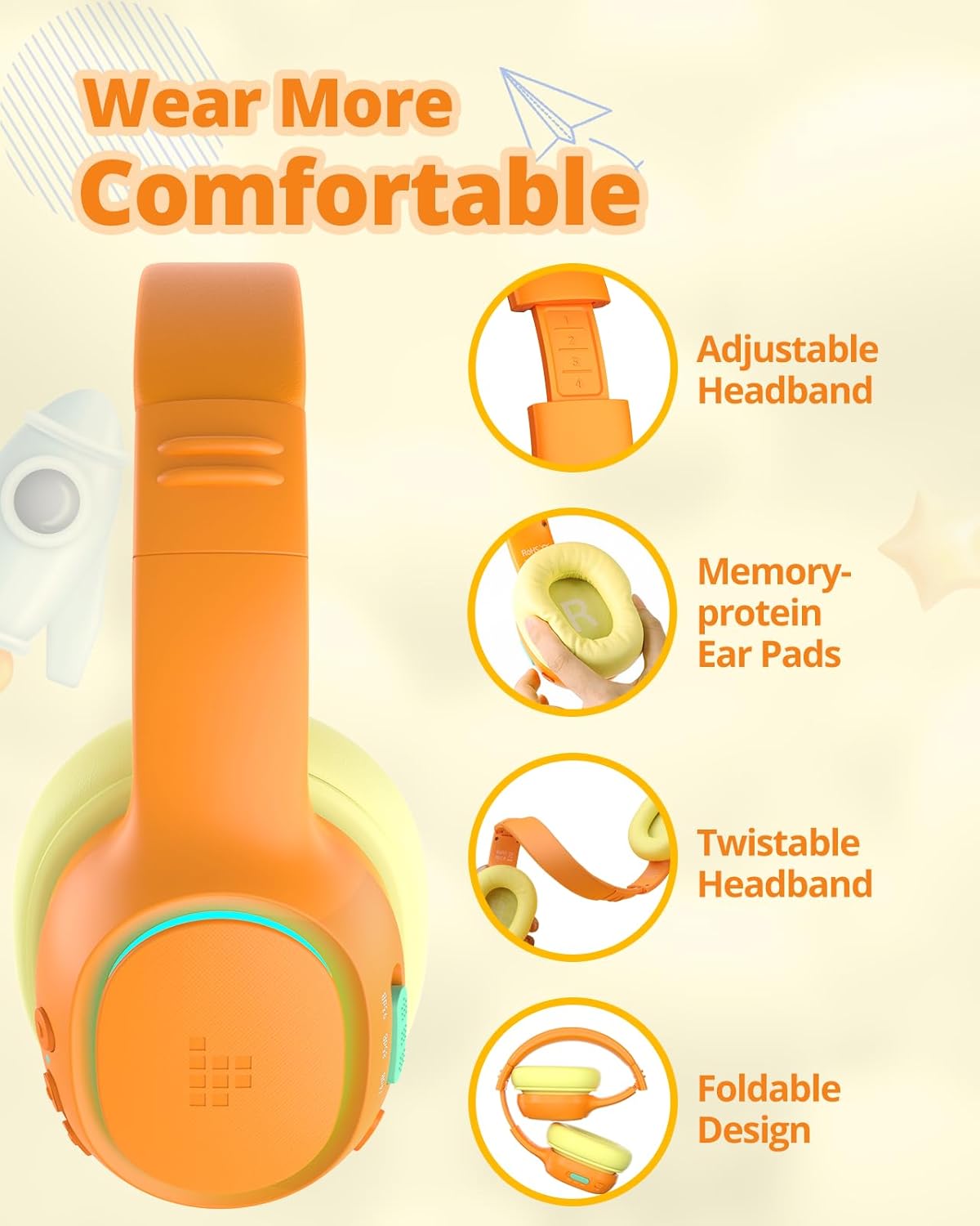 Tronsmart Kh03 Kids Noise Cancelling Bluetooth Headphones, Safe Volume Control, Wireless Headphones With Light & Microphone, 70H Playtime, Built-In Audio Cable, For School/Travel/Airplane(Orange)