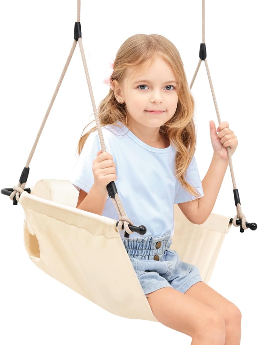 Nets Tribe Toddler Swing Chair, Large Size Rope Swing Seat For Children And Adult With Backrest Cushion, Doorway Swing For Kids Indoor Outdoor，Little Tikes Swing Set For Backyard Home (Beige White)