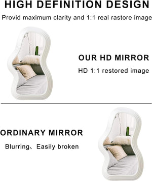 Mokoze Asymmetrical Wall-Mounted Mirror, Creative Unique Decorative Mirrors, Funky Wavy Mirror 15.94"X10.24" Irregular Border White Mirror For Bathroom Living Room Decoration