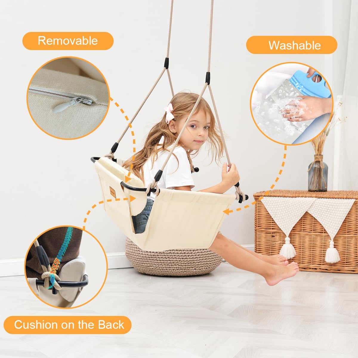 Nets Tribe Toddler Swing Chair, Large Size Rope Swing Seat For Children And Adult With Backrest Cushion, Doorway Swing For Kids Indoor Outdoor，Little Tikes Swing Set For Backyard Home (Beige White)