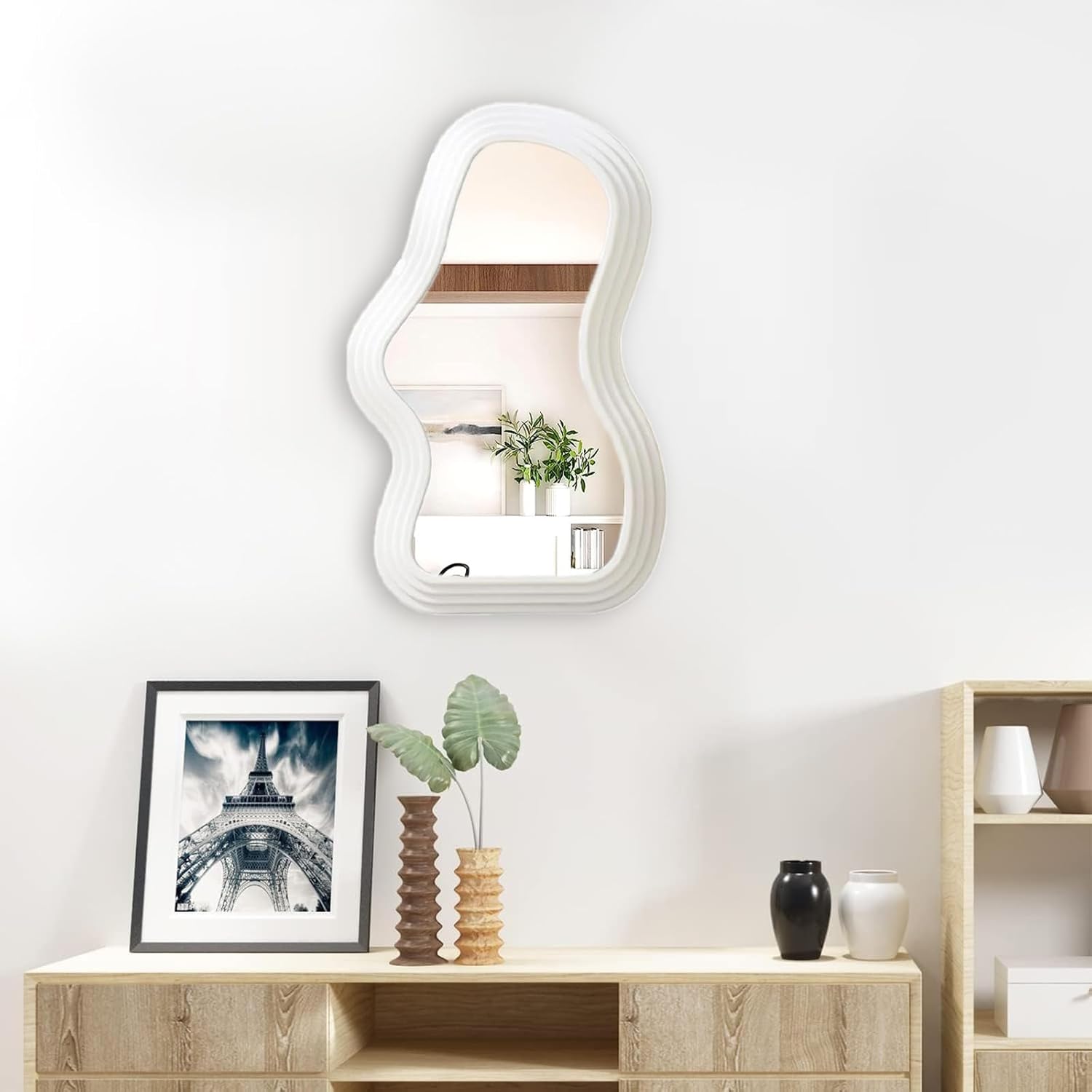 Mokoze Asymmetrical Wall-Mounted Mirror, Creative Unique Decorative Mirrors, Funky Wavy Mirror 15.94"X10.24" Irregular Border White Mirror For Bathroom Living Room Decoration