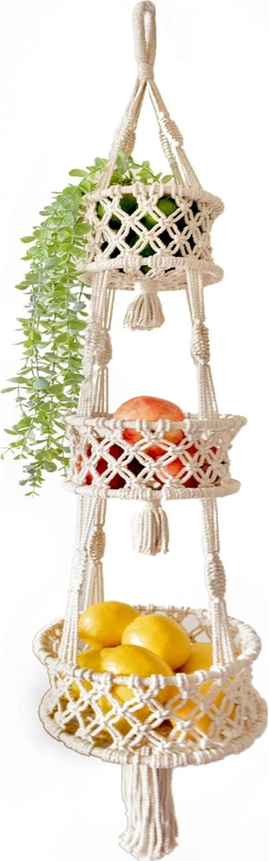 Snuglife Macrame 3 Tier Hanging Basket - Space Saving Hanging Fruit Basket For Kitchen Or Decorative Boho Decor Hanging Plant Holder - Use For Produce Baskets, Indoor Planter Hangers, 42 Inches Beige