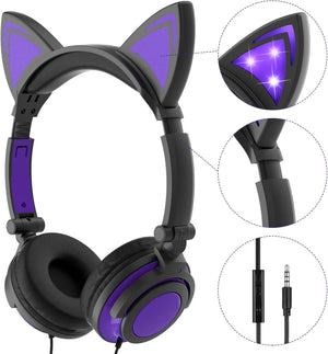 Olyre Kids Headphones With Light Up Cat Ears On Ear Led Kitty Headphones With Mic For Kids Boys Girls Children Wired Headset For School Learning Tablet (Purple)