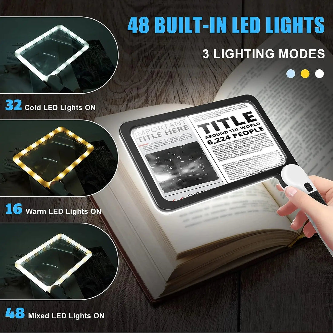 Full-Page Handheld Magnifying Glass – 5X Magnification, LED Lighted Magnifier with 3 Modes 9828296851777-1