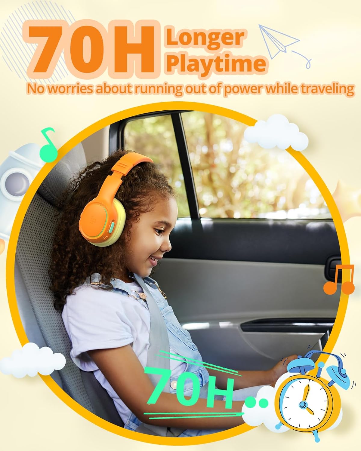 Tronsmart Kh03 Kids Noise Cancelling Bluetooth Headphones, Safe Volume Control, Wireless Headphones With Light & Microphone, 70H Playtime, Built-In Audio Cable, For School/Travel/Airplane(Orange)