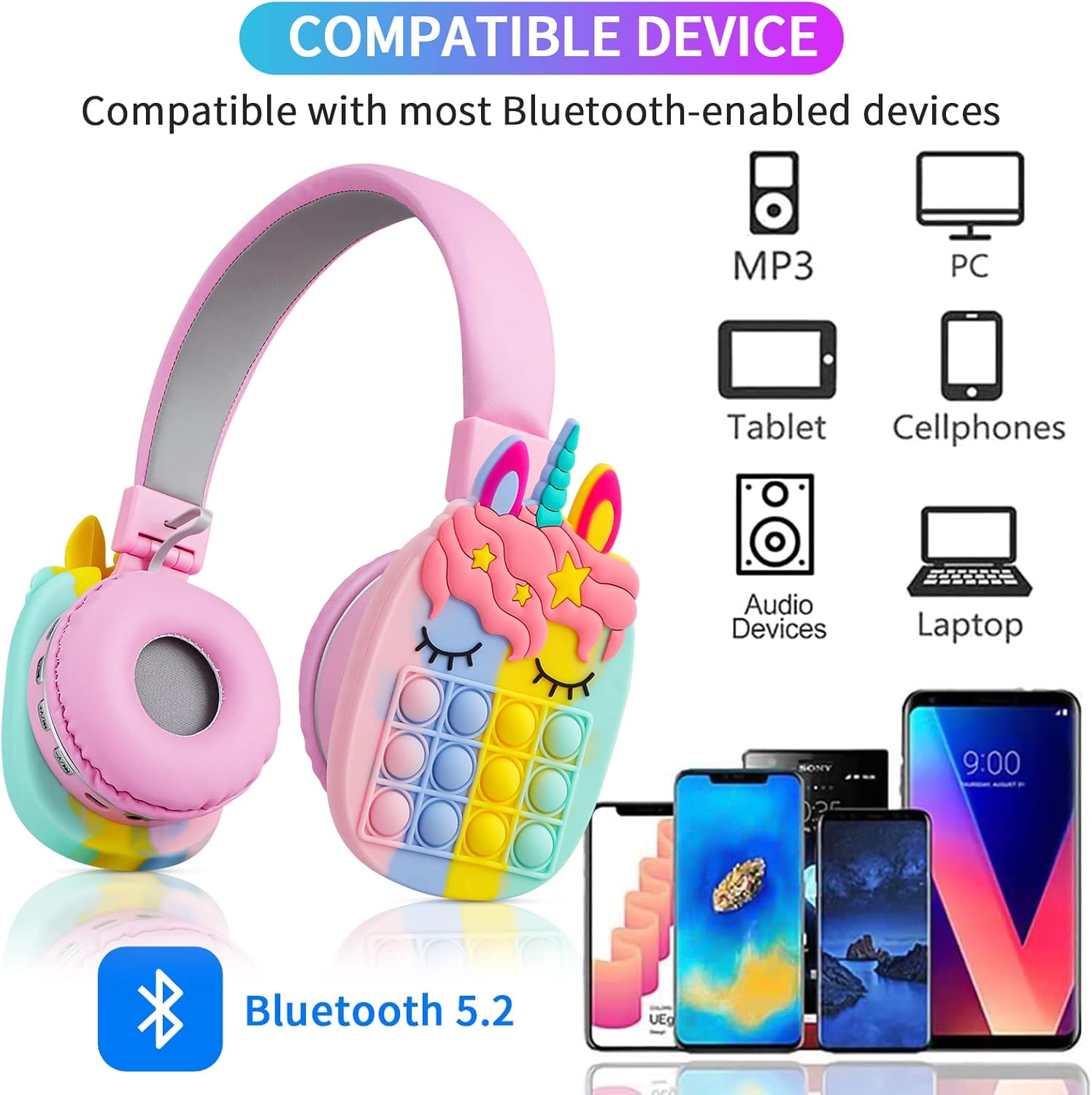 Wesadn Bluetooth Headphones Wireless For Girls Women Men Fidget Bubbles Cute Wireless Gaming Headset Over Ear Build In Microphone For Smartphone Tablet Pc, Pink