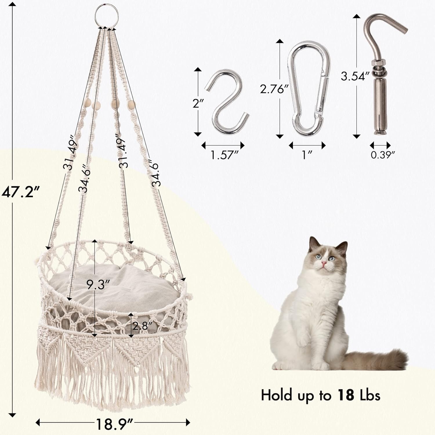 Mewoofun Macrame Cat Hammock, Hanging Cat Bed Hammock Cat Swing For Indoor Cats, Boho Cat Swing Bed For Sleeping, Playing, Climbing, And Lounging (Beige)