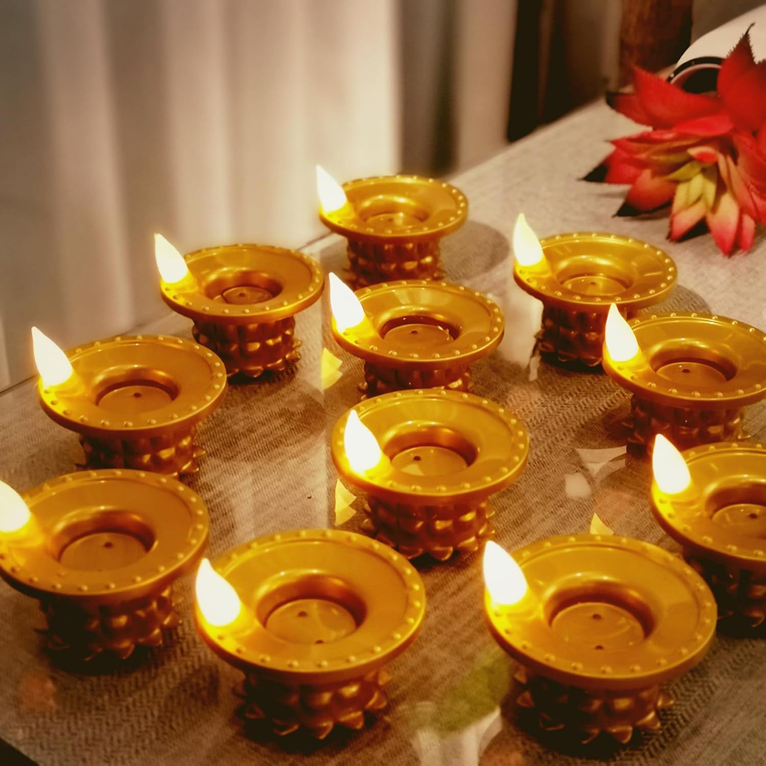 12 Pcs Diwali Diyas Lamp Decorations, Diwali Gold Led Water Sense Lights, Waterproof Flameless Lotus Tea Lights,Oil Lamps For Centerpieces Indian Temples Pooja Housewarming Return Gift(A)