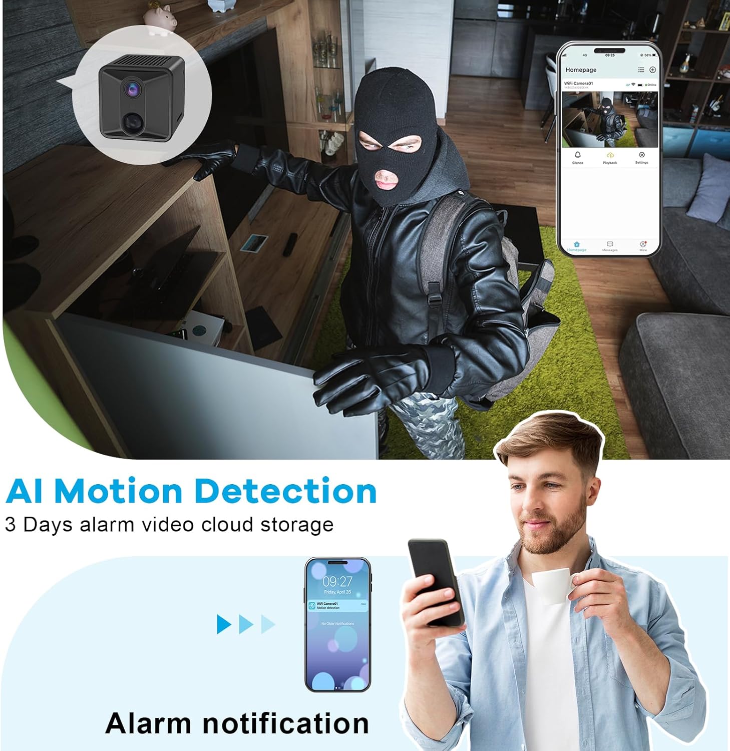 4K Wireless Security Camera,Wifi Portable Home Surveillance Cameras Ai Motion Detection Alerts, Auto Night Vision, 120 Days Standby,Cloud Storage,Real Time Record Monitoring Cam For Indoor