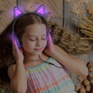 Olyre Kids Headphones With Light Up Cat Ears On Ear Led Kitty Headphones With Mic For Kids Boys Girls Children Wired Headset For School Learning Tablet (Purple)