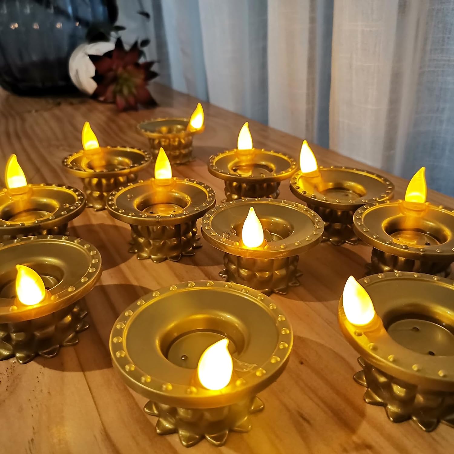 12 Pcs Diwali Diyas Lamp Decorations, Diwali Gold Led Water Sense Lights, Waterproof Flameless Lotus Tea Lights,Oil Lamps For Centerpieces Indian Temples Pooja Housewarming Return Gift(A)