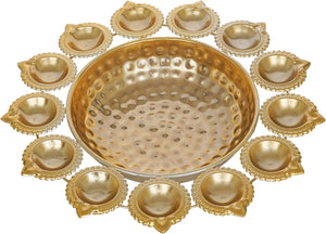 Webelkart Diya Shape Decorative Urli Bowl For Home Metal Handcrafted For Floating Flowers And Tea Light Candles Home ,Office And Table Decor| Diwali Decoration Items ( 14 Inches), Gold