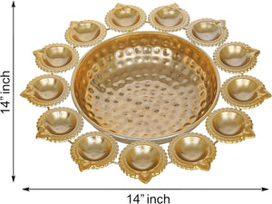 Webelkart Diya Shape Decorative Urli Bowl For Home Metal Handcrafted For Floating Flowers And Tea Light Candles Home ,Office And Table Decor| Diwali Decoration Items ( 14 Inches), Gold