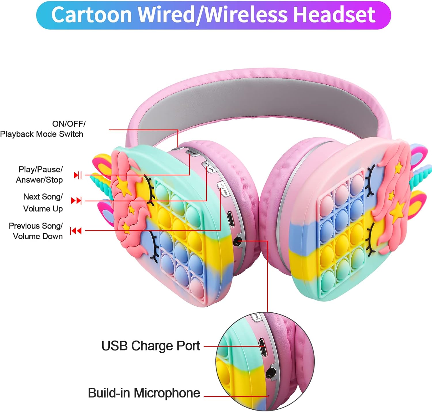 Wesadn Bluetooth Headphones Wireless For Girls Women Men Fidget Bubbles Cute Wireless Gaming Headset Over Ear Build In Microphone For Smartphone Tablet Pc, Pink