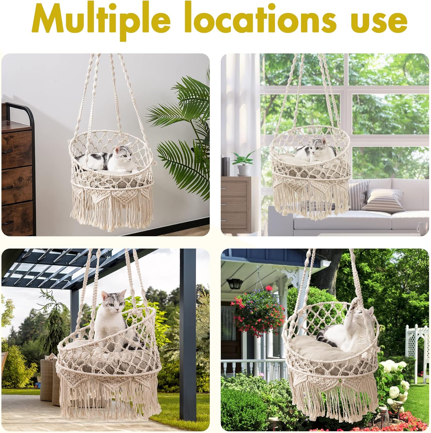 Mewoofun Macrame Cat Hammock, Hanging Cat Bed Hammock Cat Swing For Indoor Cats, Boho Cat Swing Bed For Sleeping, Playing, Climbing, And Lounging (Beige)