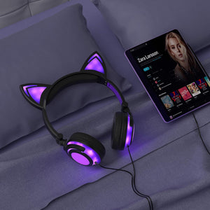 Olyre Kids Headphones With Light Up Cat Ears On Ear Led Kitty Headphones With Mic For Kids Boys Girls Children Wired Headset For School Learning Tablet (Purple)