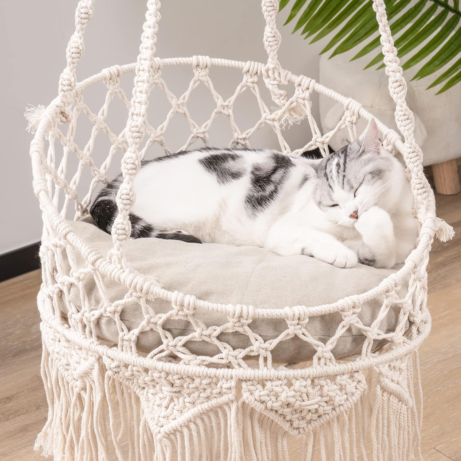 Mewoofun Macrame Cat Hammock, Hanging Cat Bed Hammock Cat Swing For Indoor Cats, Boho Cat Swing Bed For Sleeping, Playing, Climbing, And Lounging (Beige)