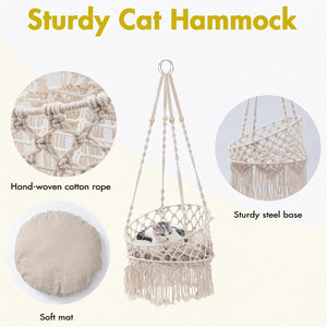 Mewoofun Macrame Cat Hammock, Hanging Cat Bed Hammock Cat Swing For Indoor Cats, Boho Cat Swing Bed For Sleeping, Playing, Climbing, And Lounging (Beige)