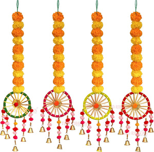 Tied Ribbons Marigold Garland For Decoration Rajasthani Home Decor | 2.5 Feet | Set Of 4 | Wall Door Hanging Artificial Marigold Flower Garlands For Home | Janmashtami Decoration, Janmashtami Backdrop