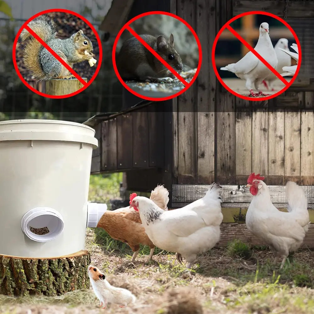 Diy Chicken Feeder, No Waste Chicken Feeder With Rat Stopper Caps With 4 Ports And 1 Hole Saw, Rain Proof And Insect Proof, For Barrels Boxes, Troughs