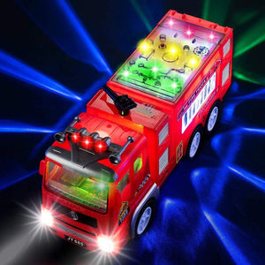 Electric Fire Truck Kids Toy - With Bright Flashing 4D Lights & Real Siren Sounds | Bump And Go Firetruck For Boys | Automatic Steering On Contact | Fire Engine Toy Trucks For Imaginative Play