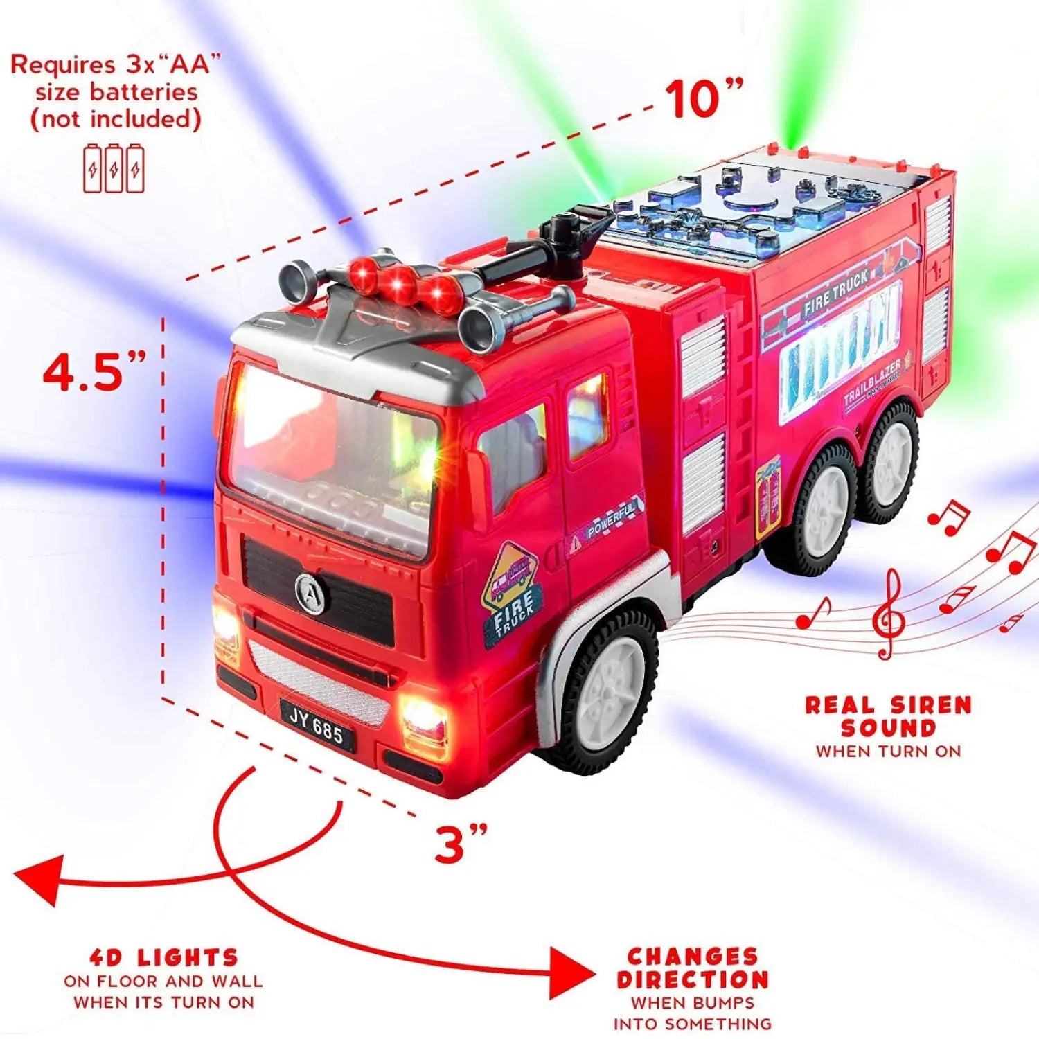 Electric Fire Truck Kids Toy - With Bright Flashing 4D Lights & Real Siren Sounds | Bump And Go Firetruck For Boys | Automatic Steering On Contact | Fire Engine Toy Trucks For Imaginative Play